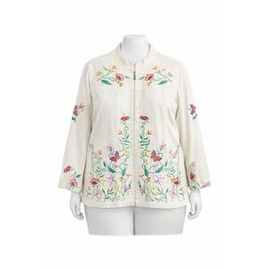 Quacker Factory Womens 2X White Floral Butterfly Embroidered Zip Front Jacket